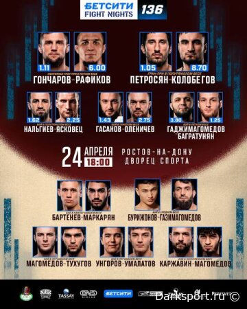 БЕТСИТИ FIGHT NIGHTS 136 Андрей «Царь-Пушка» Гончаров vs Фаниль «Ногай» Рафиков прямая трансляция смотреть онлайн бесплатно